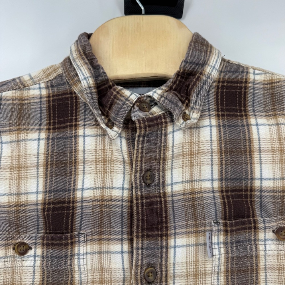 Carhartt Mens Brown Plaid Flannel Relaxed Fit Button Down Shirt 101747 201 Large